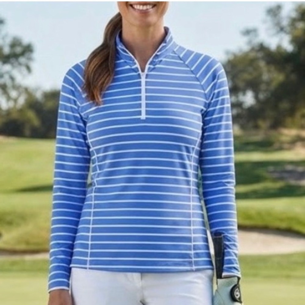 RLX Ralph Lauren Golf Pullover Womens Medium Blue White Striped Quarter Zip NWT